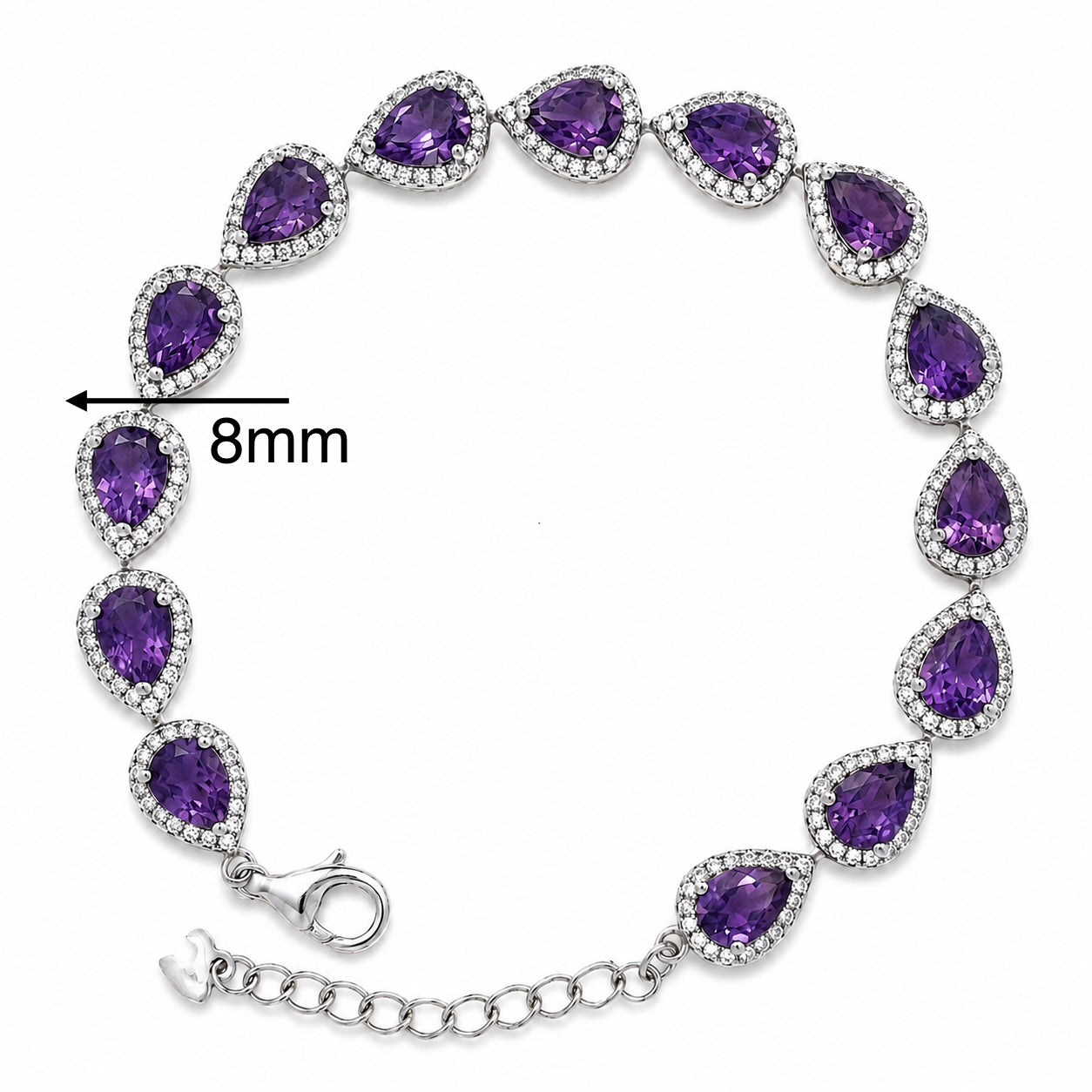 Pulsera Piedra Preciosa Gota Amatista con Circonias Plata .925 con Baño de Rodio