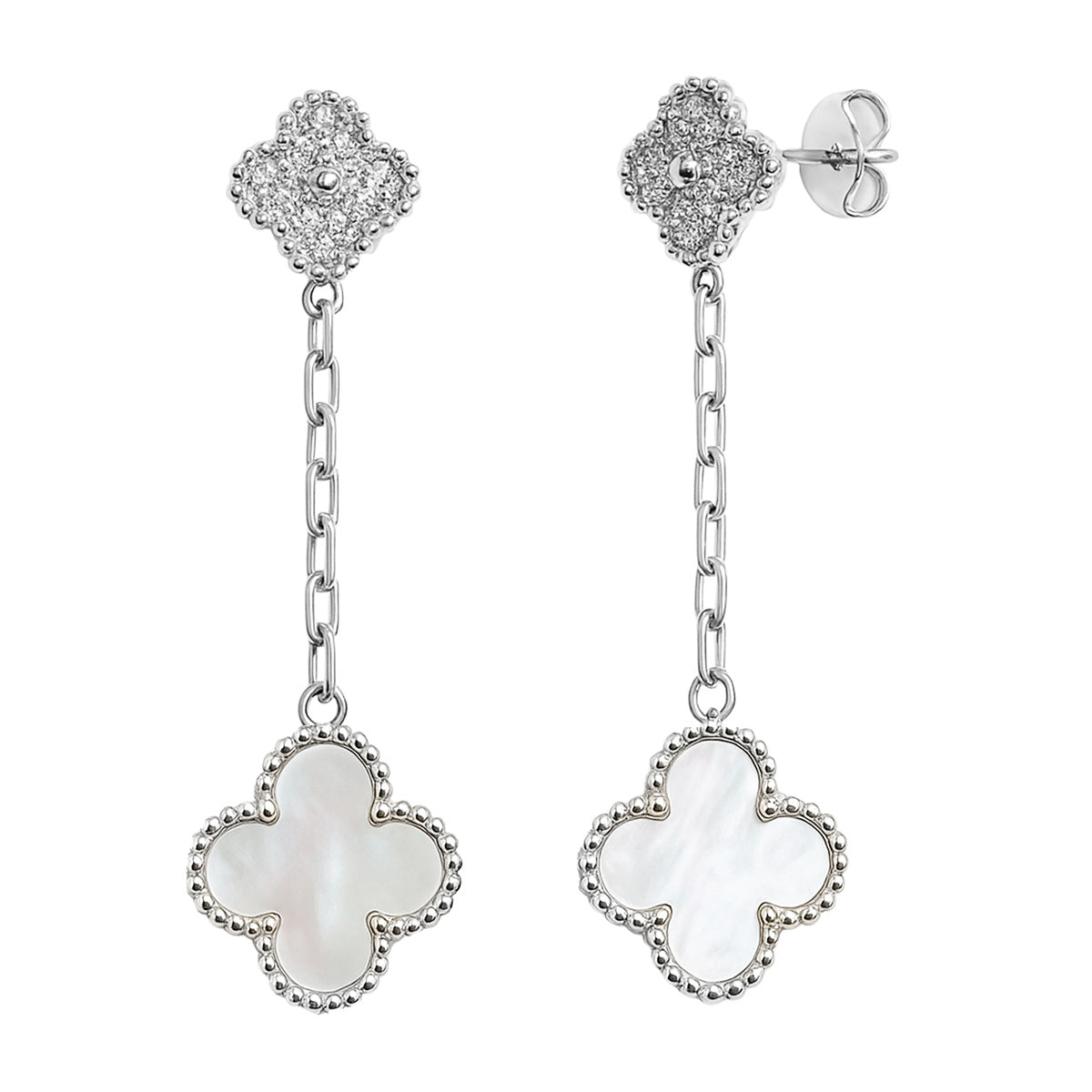 Arete Flor Largo Inspirado Van C con Micro Circonias y Piedra Natural Plata .925 con Baño de Rodio