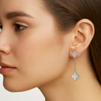 Arete Flor Largo Inspirado Van C con Micro Circonias y Piedra Natural Plata .925 con Baño de Rodio