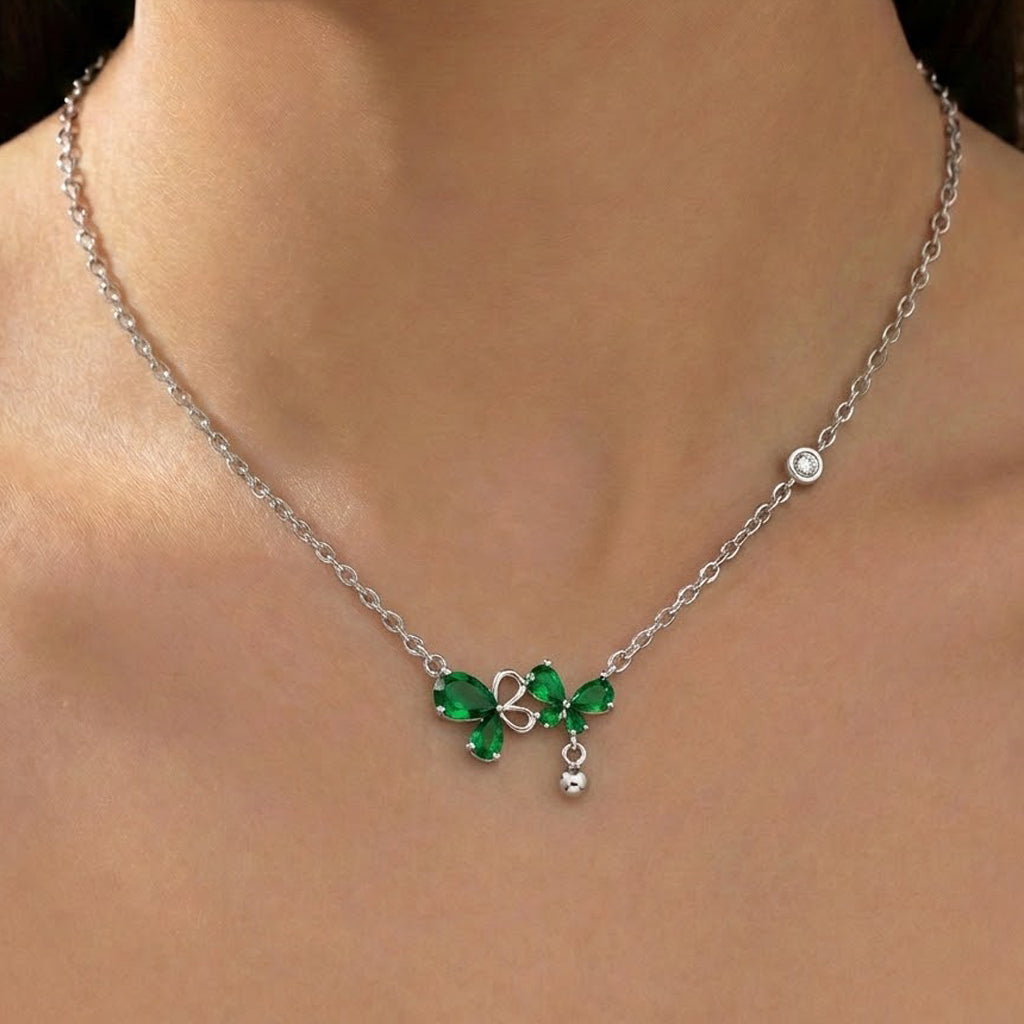 Collar Mariposas con Circonias con Bolita Lisa Plata .925 con Baño de Rodio