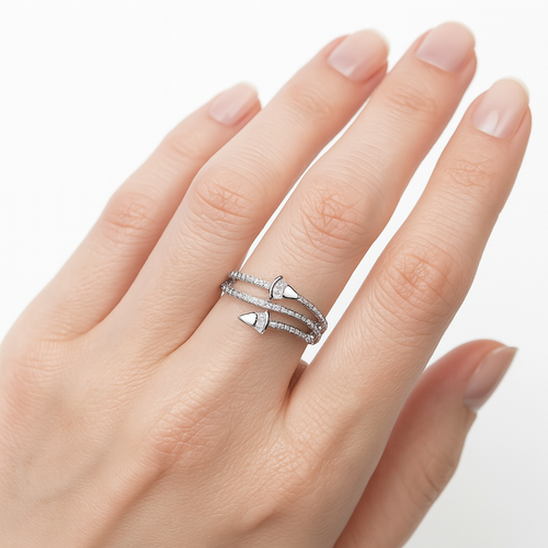 Anillo Espiral con Micro Circonias y Circonias Baguette Plata .925 con Baño de Rodio