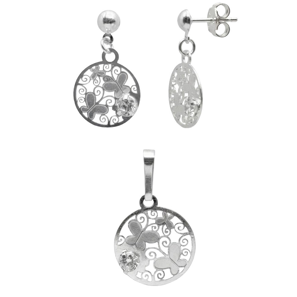 Juego Mariposa con Circonia y Grecas Plata .925