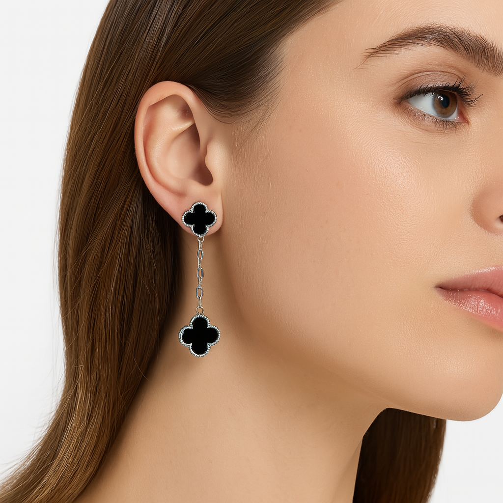 Arete Doble Flor Largo Inspirado Van C Plata .925 con Baño de Rodio