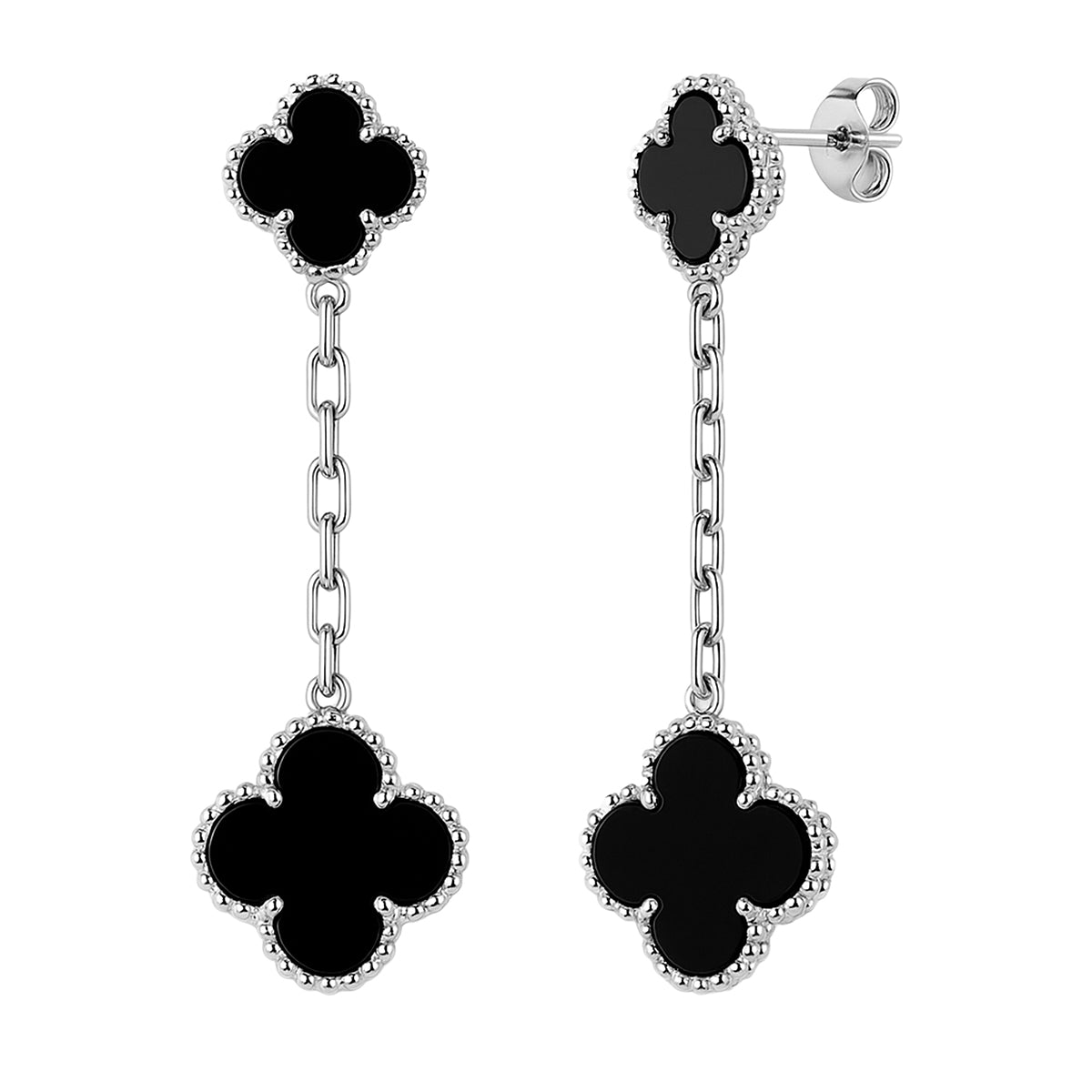 Arete Doble Flor Largo Inspirado Van C Plata .925 con Baño de Rodio