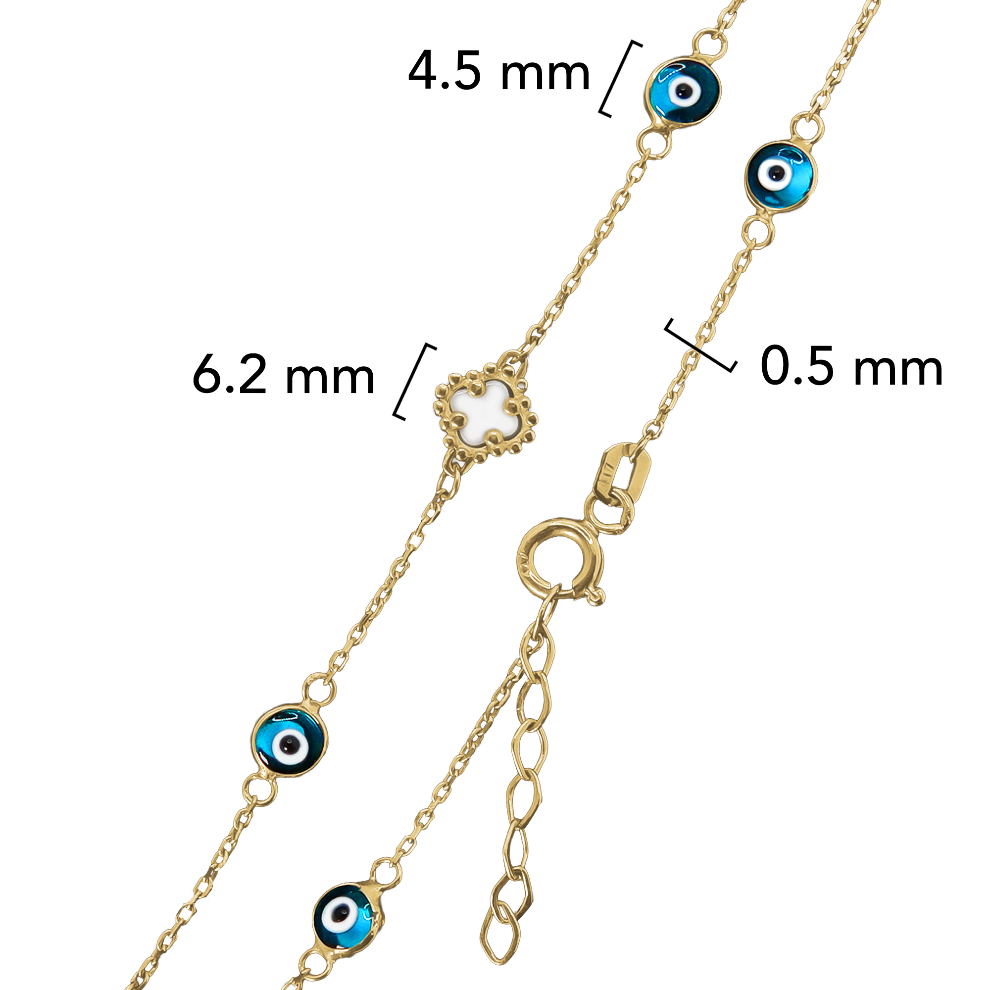 Pulsera Flor Inspirada Van C Madre Perla con Ojo Turco Azul Oro 10K