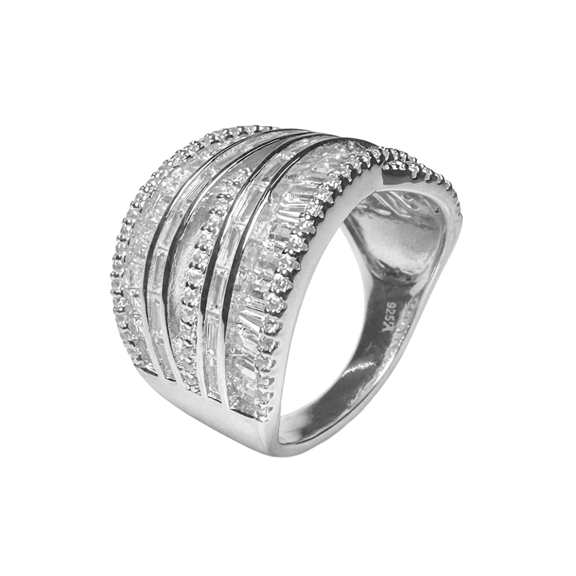 Anillo Banda Ancha Circonias Baguette Plata .925 con Baño de Rodio