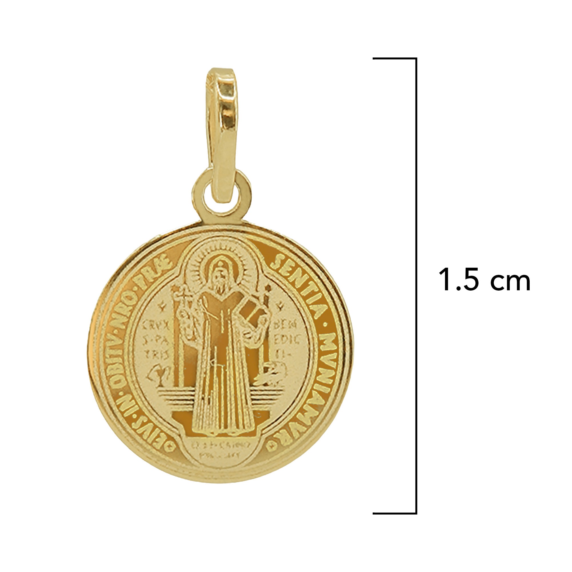 Dije Medalla San Benito 1.5 cm Láser Doble Vista Oro 14K.