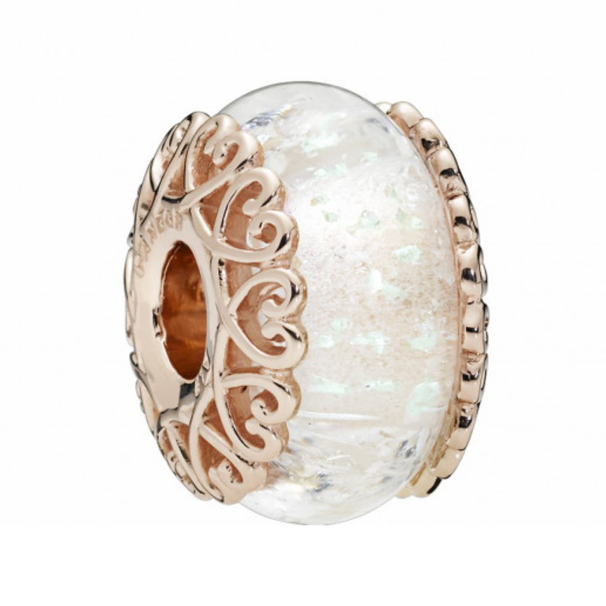 Charm Inspirado Pan 1:1 de Cristal Murano Blanco con Corazones Dorados Plata .925