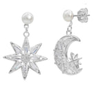 Arete Mediano Luna y Estrella con Circonias y Perla Natural Plata .925