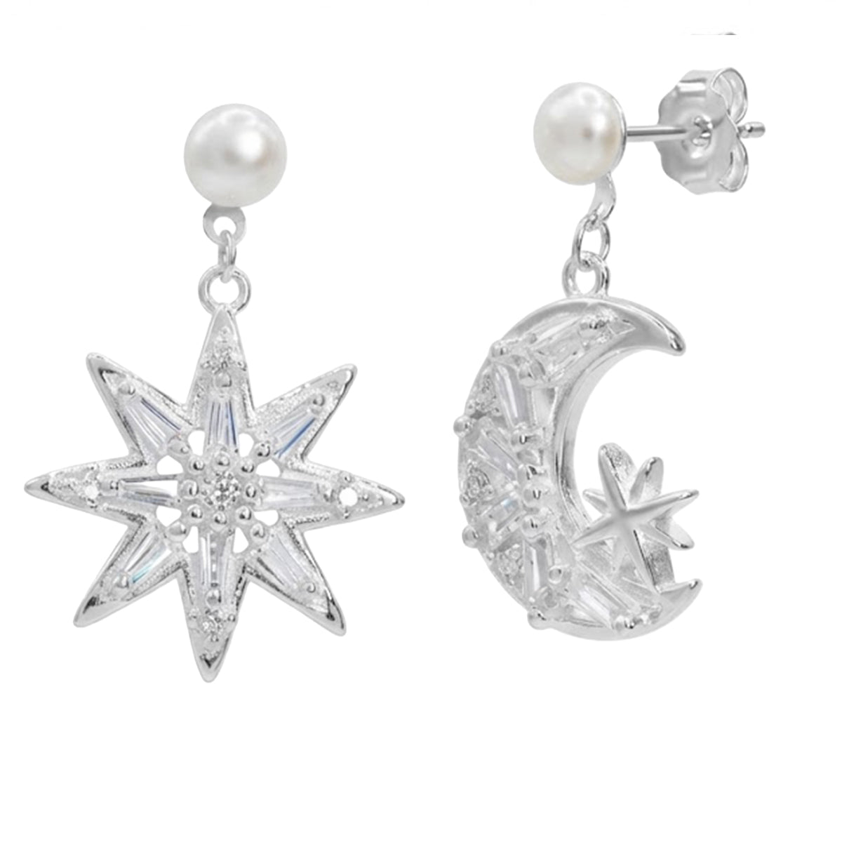Arete Mediano Luna y Estrella con Circonias y Perla Natural Plata .925