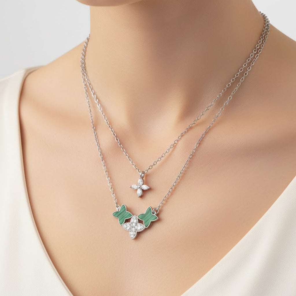 Collar Doble Inspirado LV Piedras Naturales con Circonias Plata .925 con Rodio
