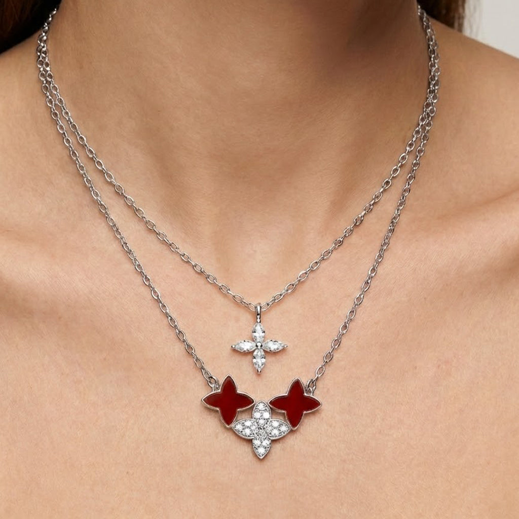 Collar Doble Inspirado LV Piedras Naturales con Circonias Plata .925 con Rodio