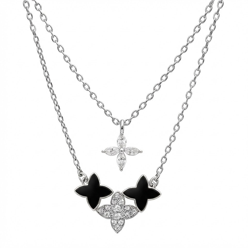 Collar Doble Inspirado LV Piedras Naturales con Circonias Plata .925 con Baño de Rodio