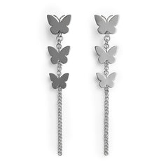 Arete Largo Mariposa Lisa con Cadena Cubana Hecho a Mano Plata .925