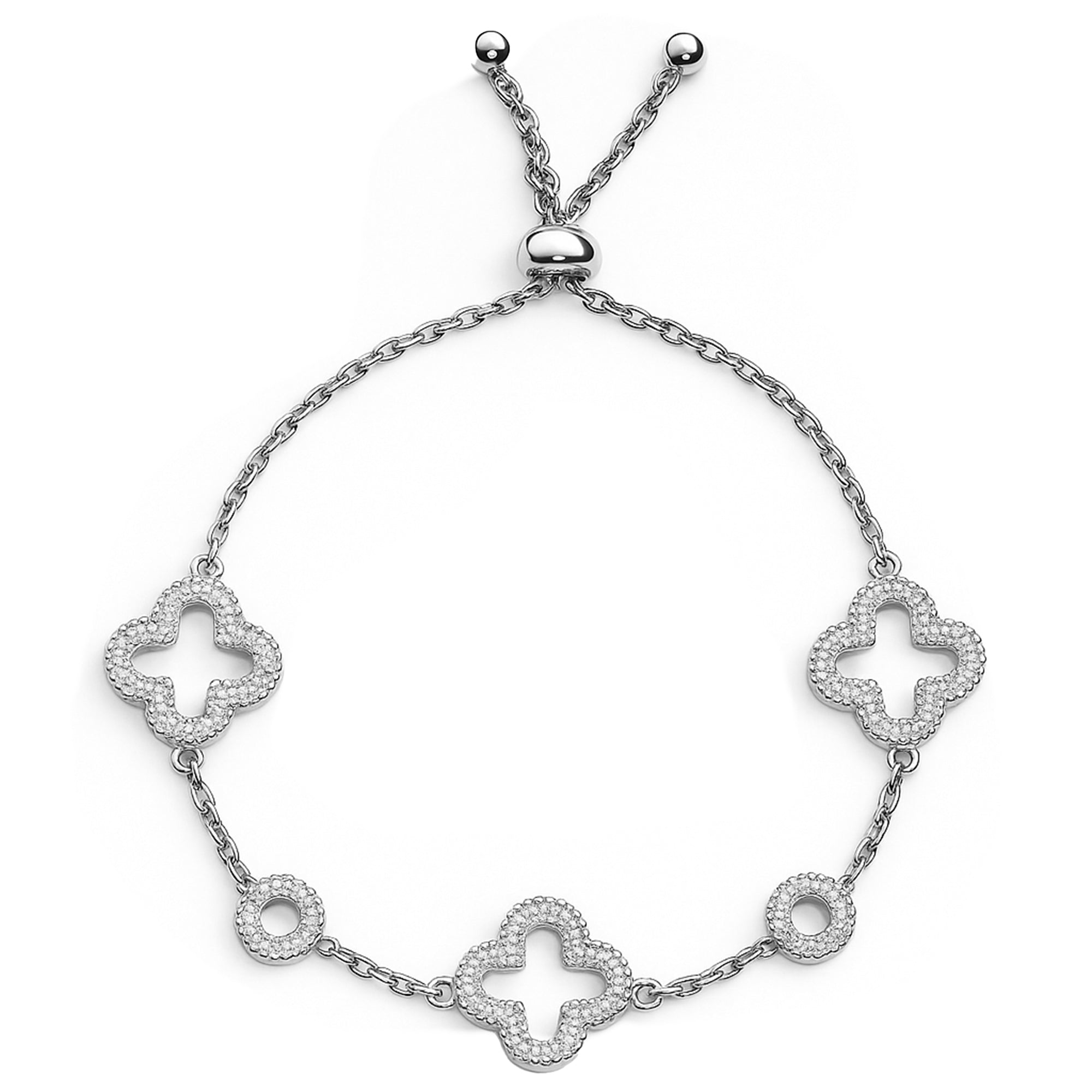 Pulsera Flor Inspirada Van C Ajustable  con Micro Circonias Plata .925 con Baño de Rodio