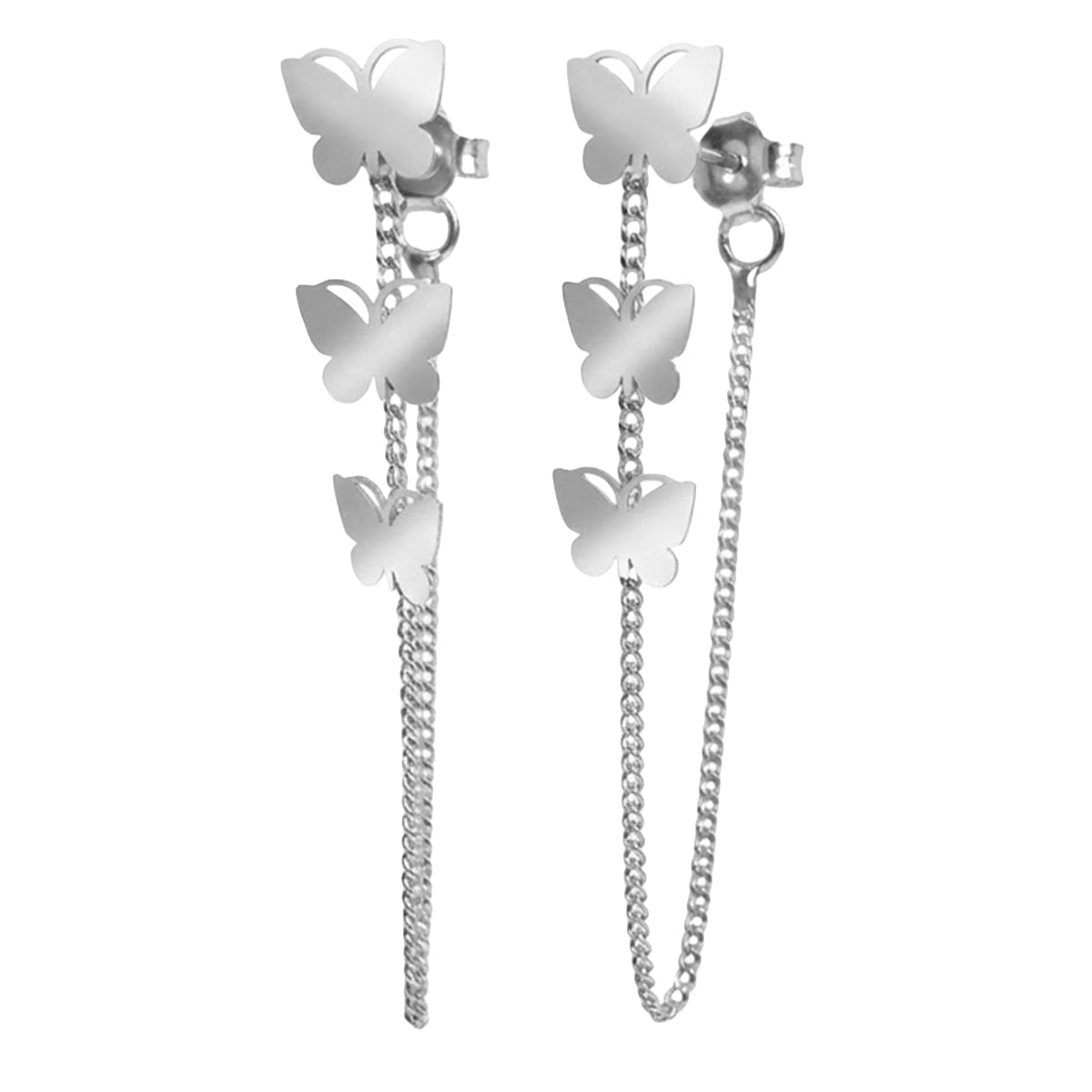 Arete Largo Mariposa Lisa con Cadena Cubana Hecho a Mano Plata .925