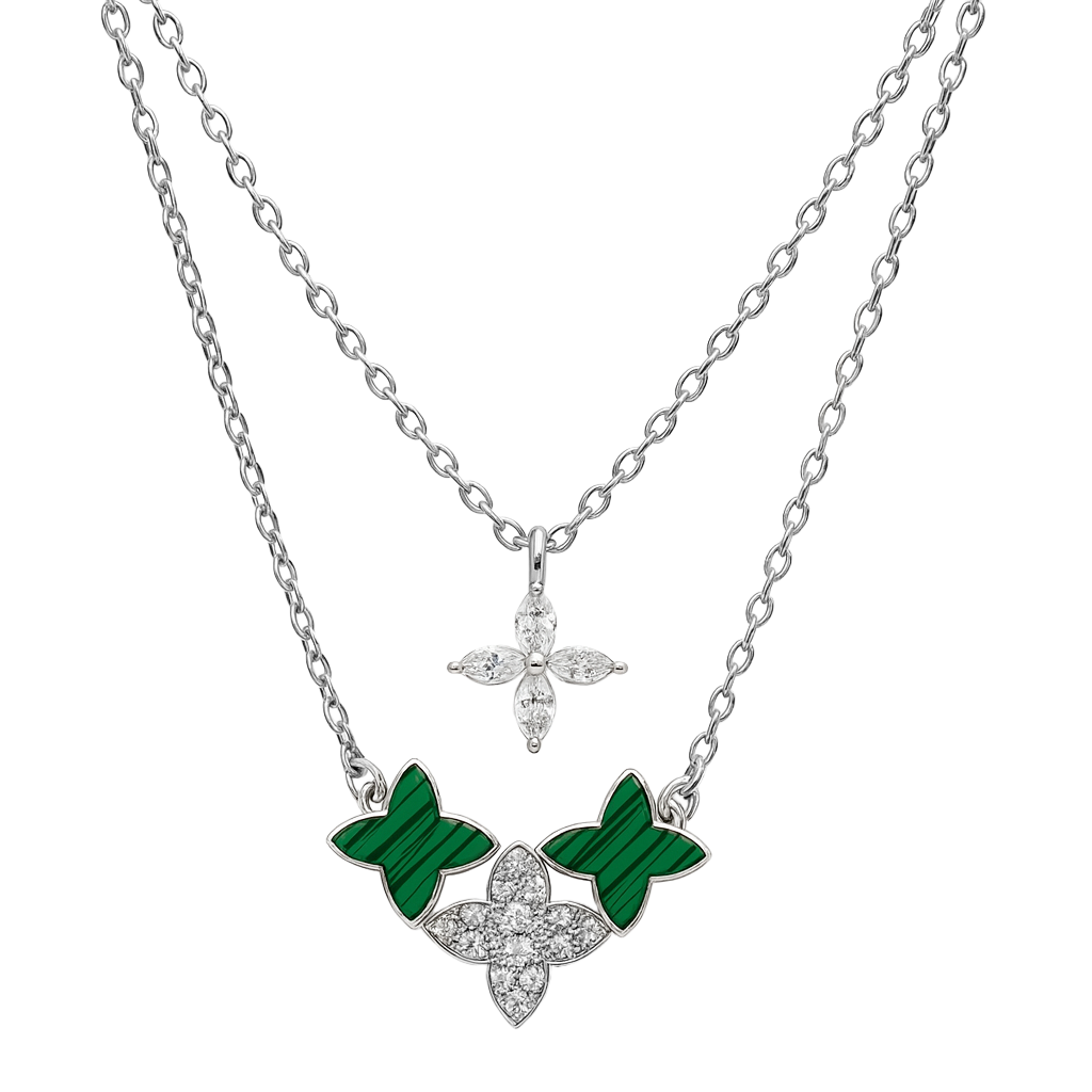 Collar Doble Inspirado LV Piedras Naturales con Circonias Plata .925 con Rodio