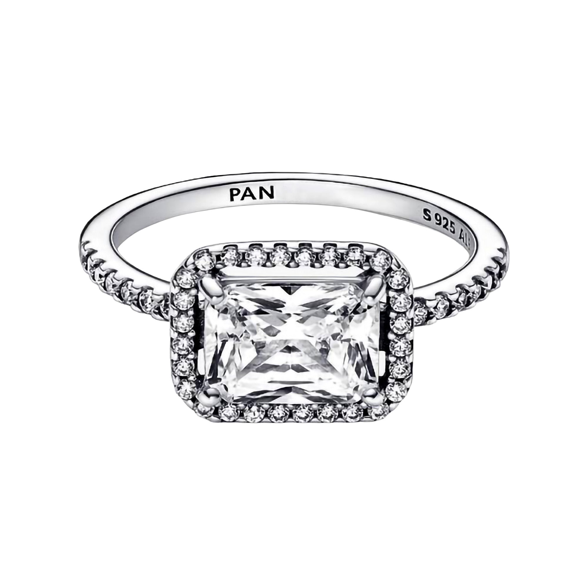 Anillo Pan 1:1 Circonia Rectangular Grande con Micro Circonias, Plata .925