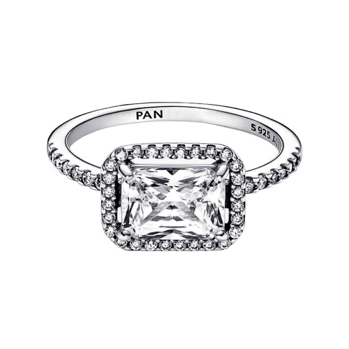 Anillo Pan 1:1 Circonia Rectangular Grande con Micro Circonias, Plata .925