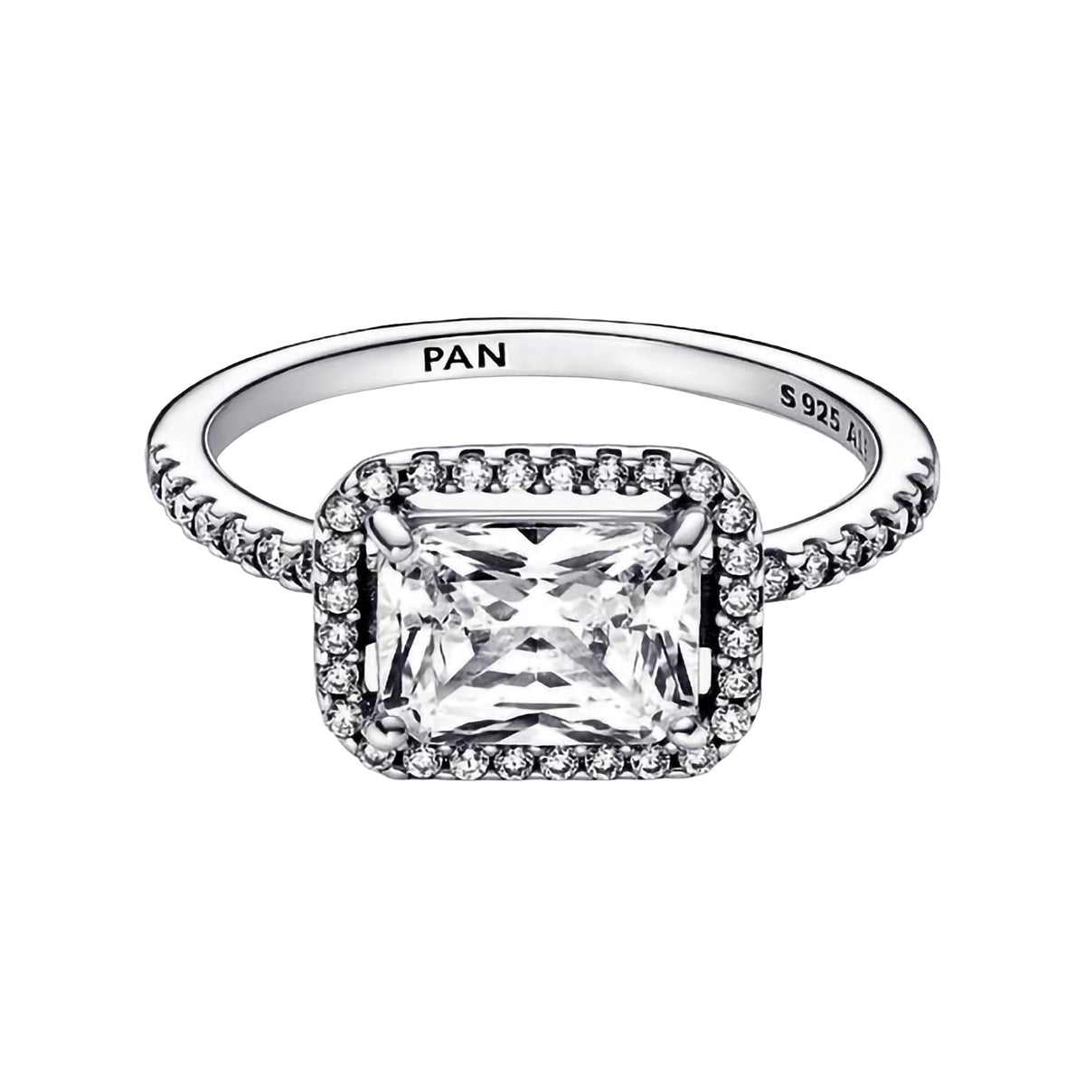 Anillo Pan 1:1 Circonia Rectangular Grande con Micro Circonias, Plata .925