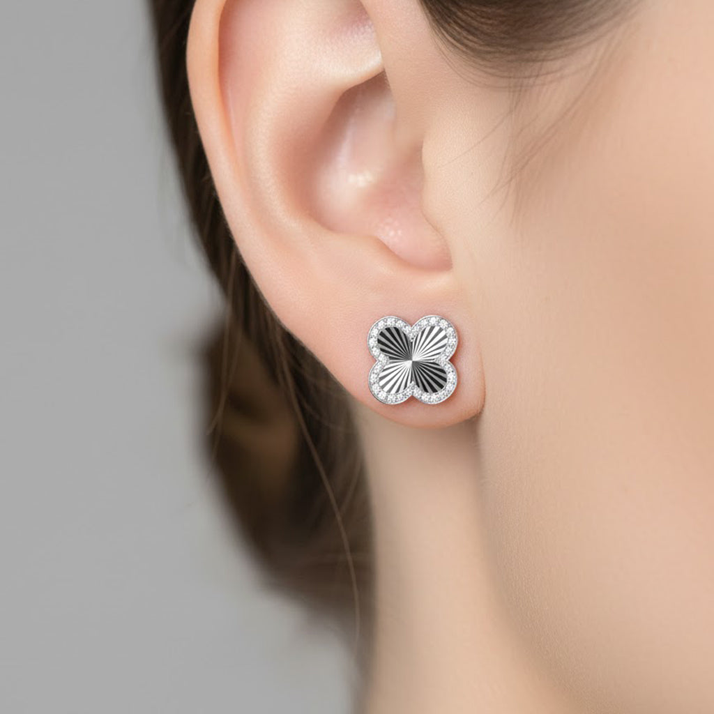 Arete Broquel Arete Flor Maxi 1.5 cm  Inspirado Van C Diamantado con Circonias Plata .925 con Baño de Rodio