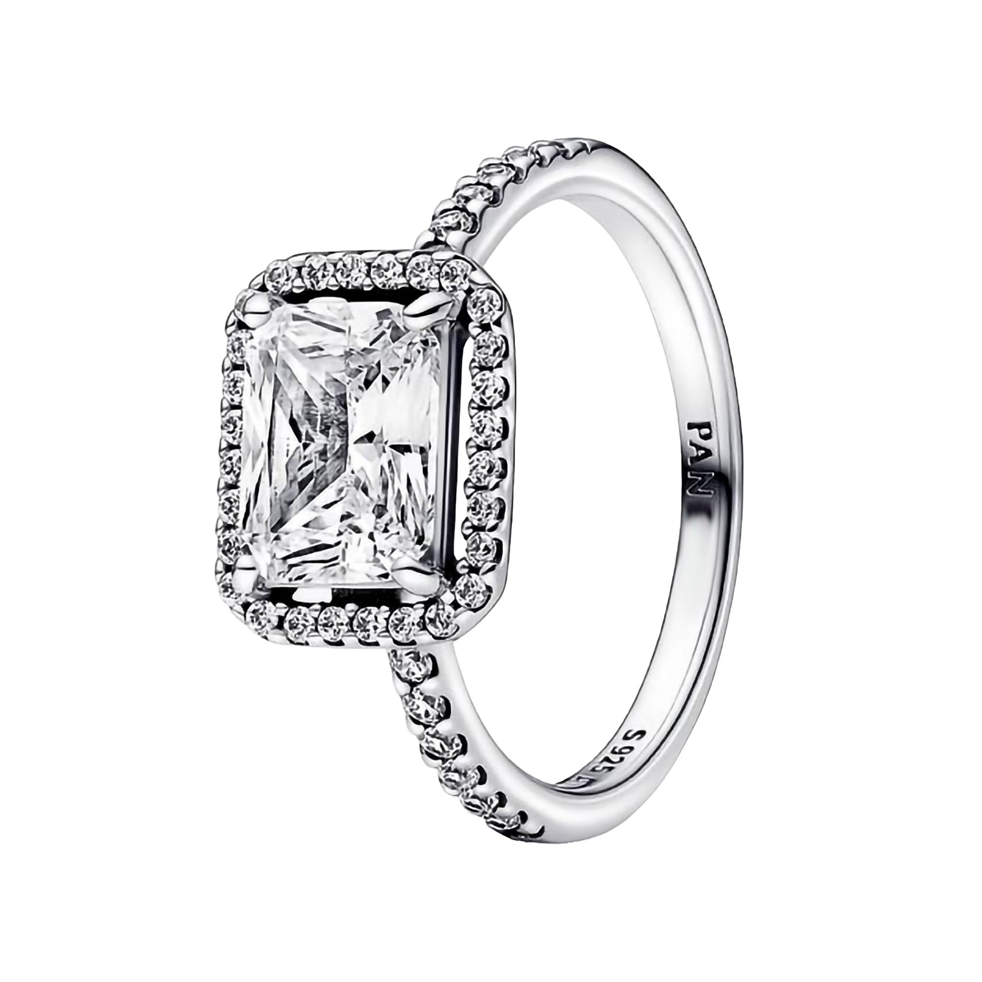 Anillo Pan 1:1 Circonia Rectangular Grande con Micro Circonias, Plata .925
