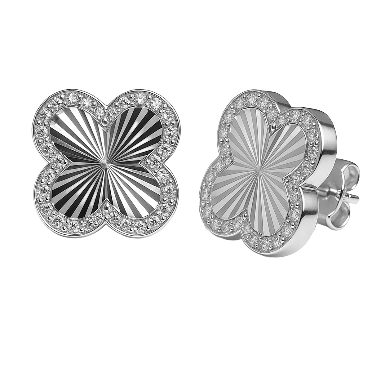 Arete Broquel Arete Flor Maxi 1.5 cm  Inspirado Van C Diamantado con Circonias Plata .925 con Baño de Rodio