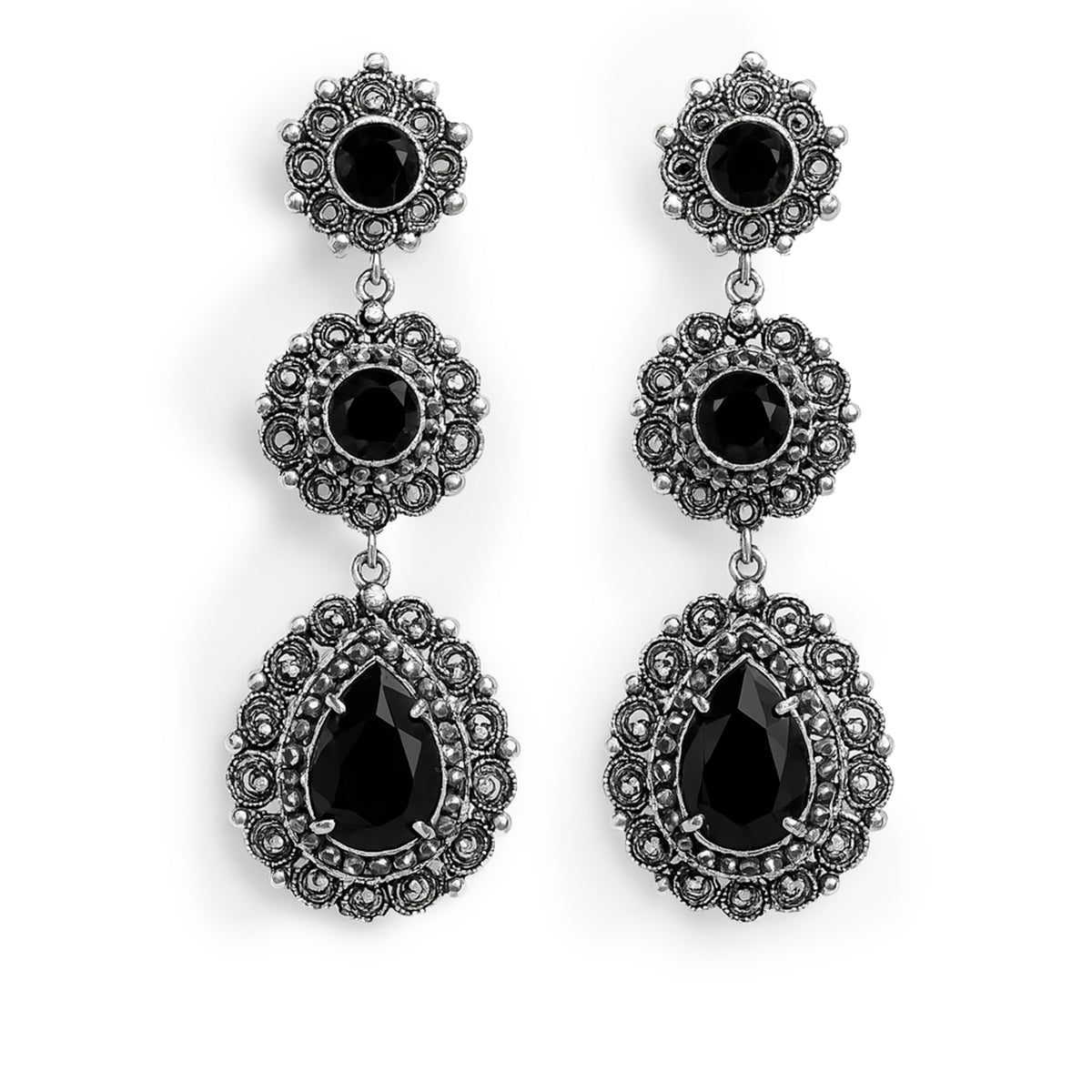 Arete Largo Filigrana Triple con Circonias y Hematite Hecho a Mano Plata .925