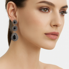 Arete Largo Filigrana Triple con Circonias y Hematite Hecho a Mano Plata .925