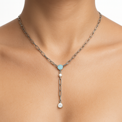 Collar Corbatero Ópalo y Perla Natural con Circonia Plata .925 con Rodio