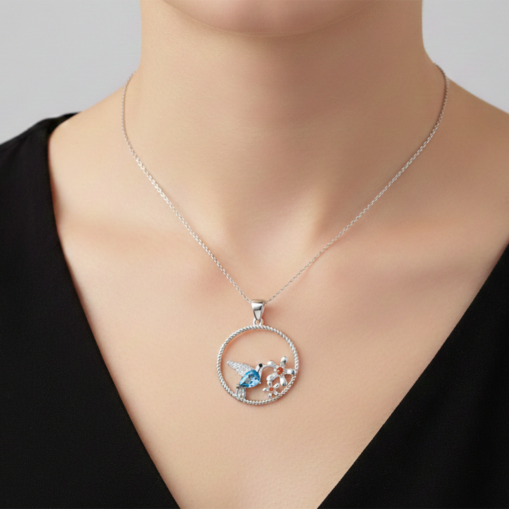 Dije Colibri Circonias con Flor de 2.8cm Plata .925