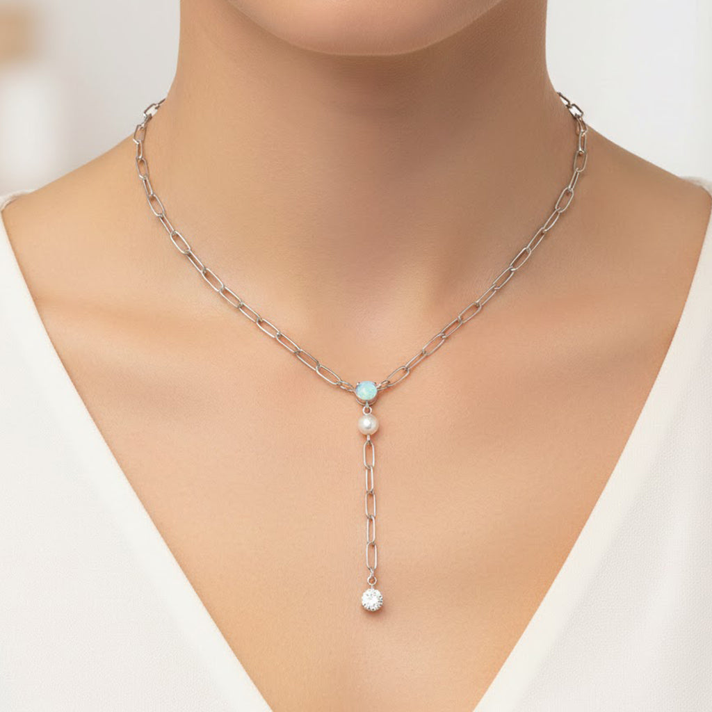 Collar Corbatero Ópalo y Perla Natural con Circonia Plata .925 con Baño de Rodio