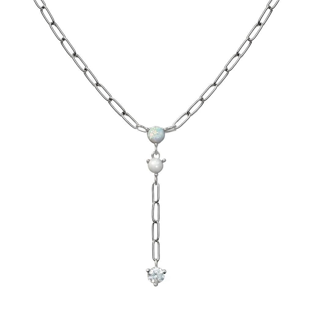 Collar Corbatero Ópalo y Perla Natural con Circonia Plata .925 con Baño de Rodio