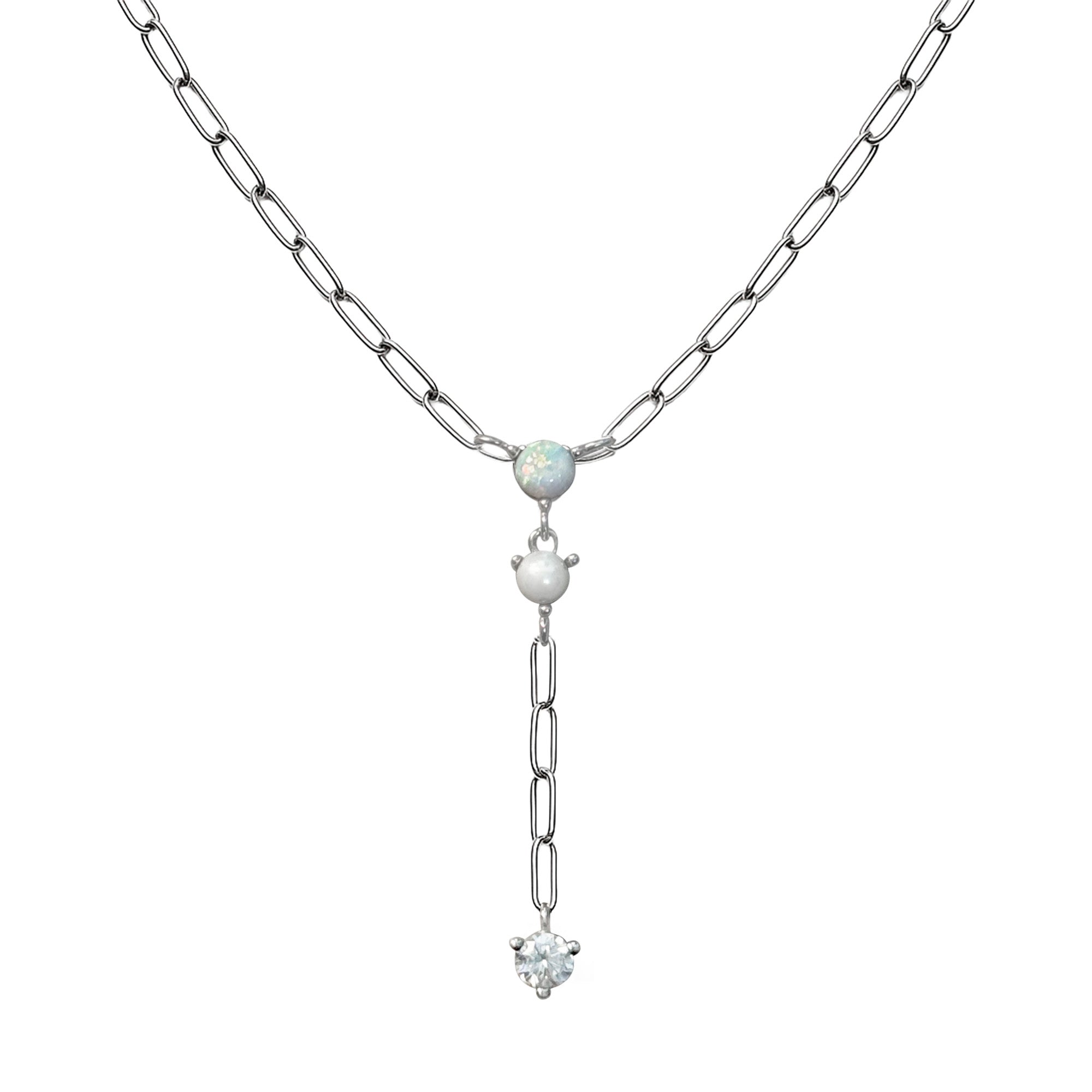 Collar Corbatero Ópalo y Perla Natural con Circonia Plata .925 con Baño de Rodio