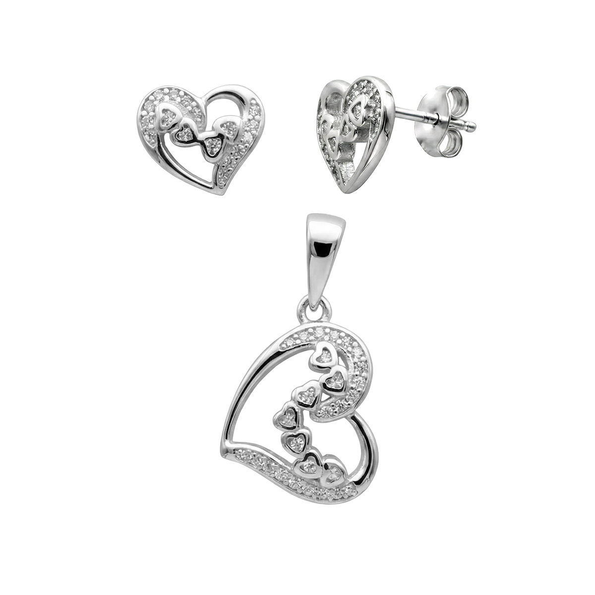 Juego Silueta Corazones con Circonias Plata .925 con Baño de Rodio