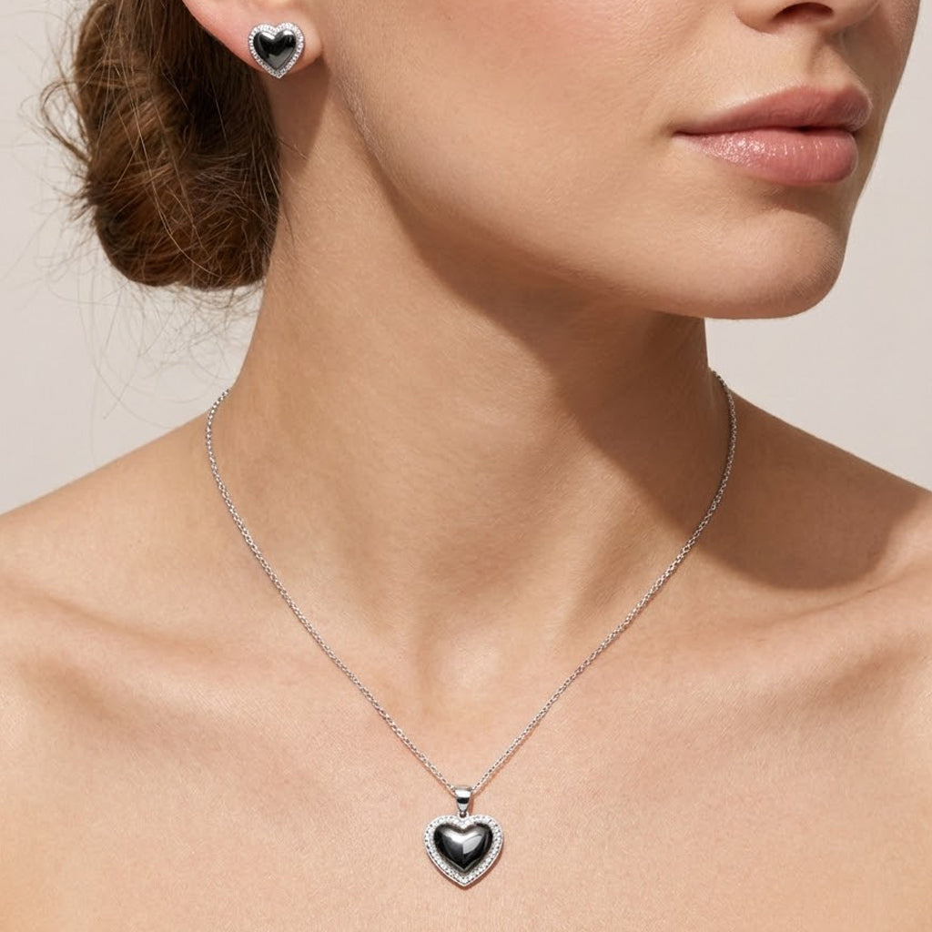 Juego Corazón Bombeado con Micro Circonias Alrededor Plata .925 con Rodio