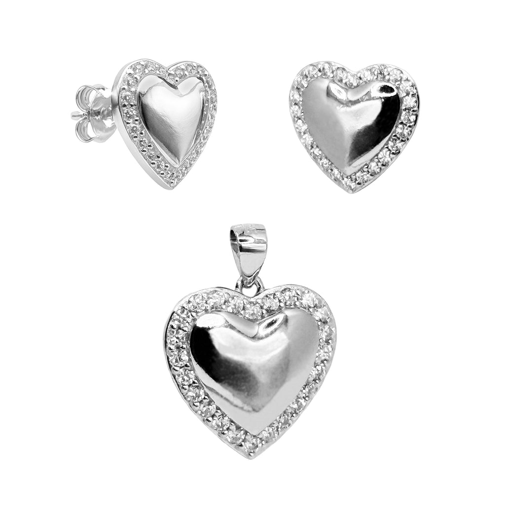 Juego Corazón Bombeado con Micro Circonias Alrededor Plata .925 con Baño de Rodio