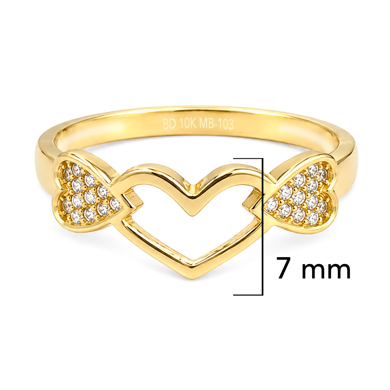 Anillo Corazón Maxi y Dos Corazones con Circonias Oro 10K