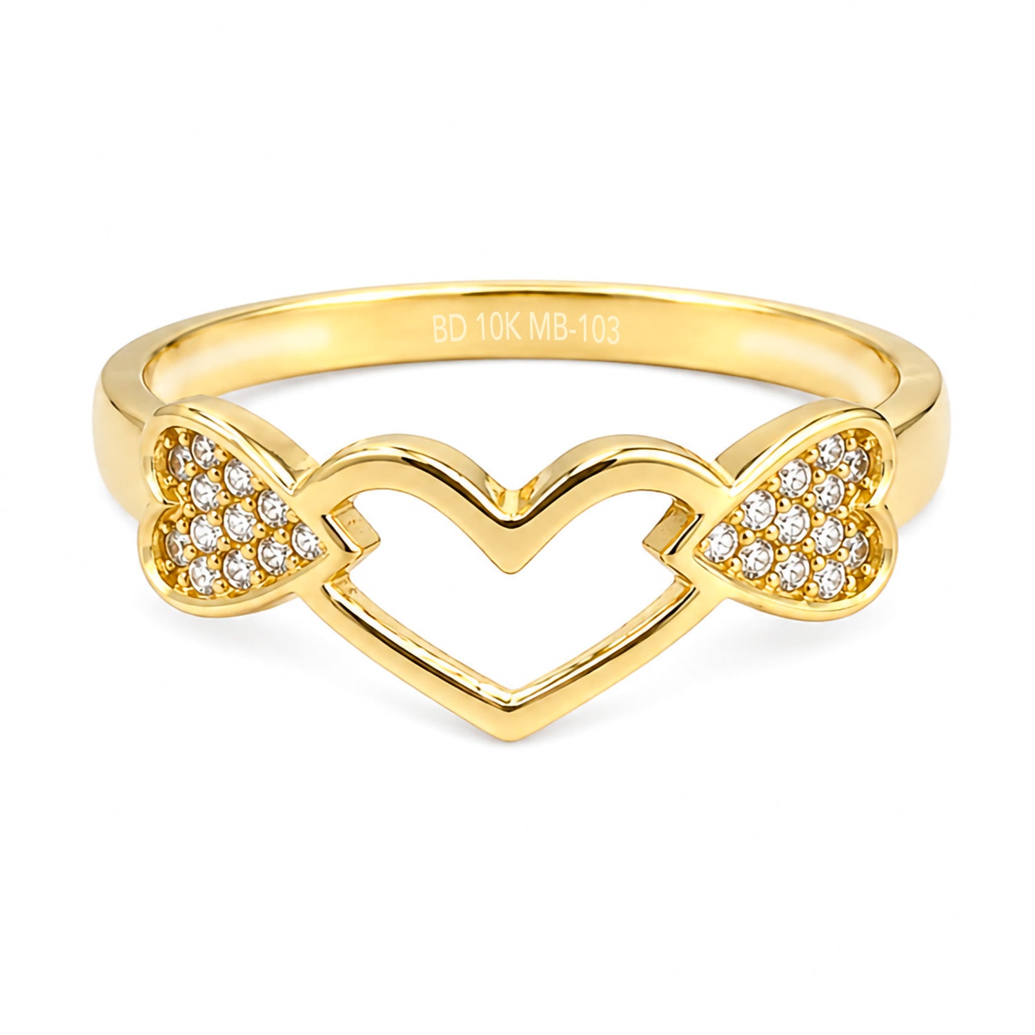Anillo Corazón Maxi y Dos Corazones con Circonias Oro 10K