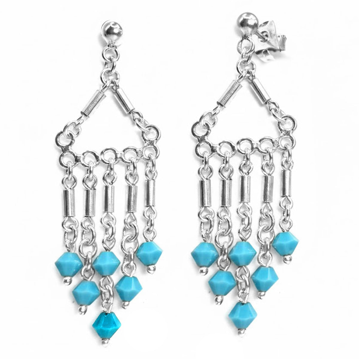 Arete Estilo Candelabro con Cristal Swarovski Turquesa Hecho a Mano Plata .925