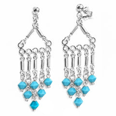 Arete Estilo Candelabro con Cristal Swarovski Turquesa Hecho a Mano Plata .925