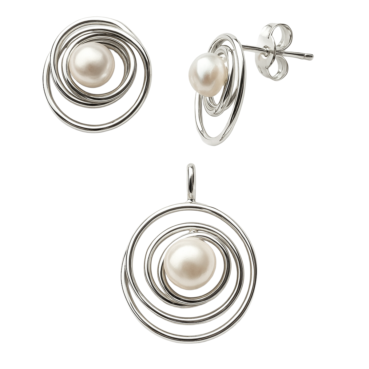 Juego Perla Natural con Base Espiral Plata .925