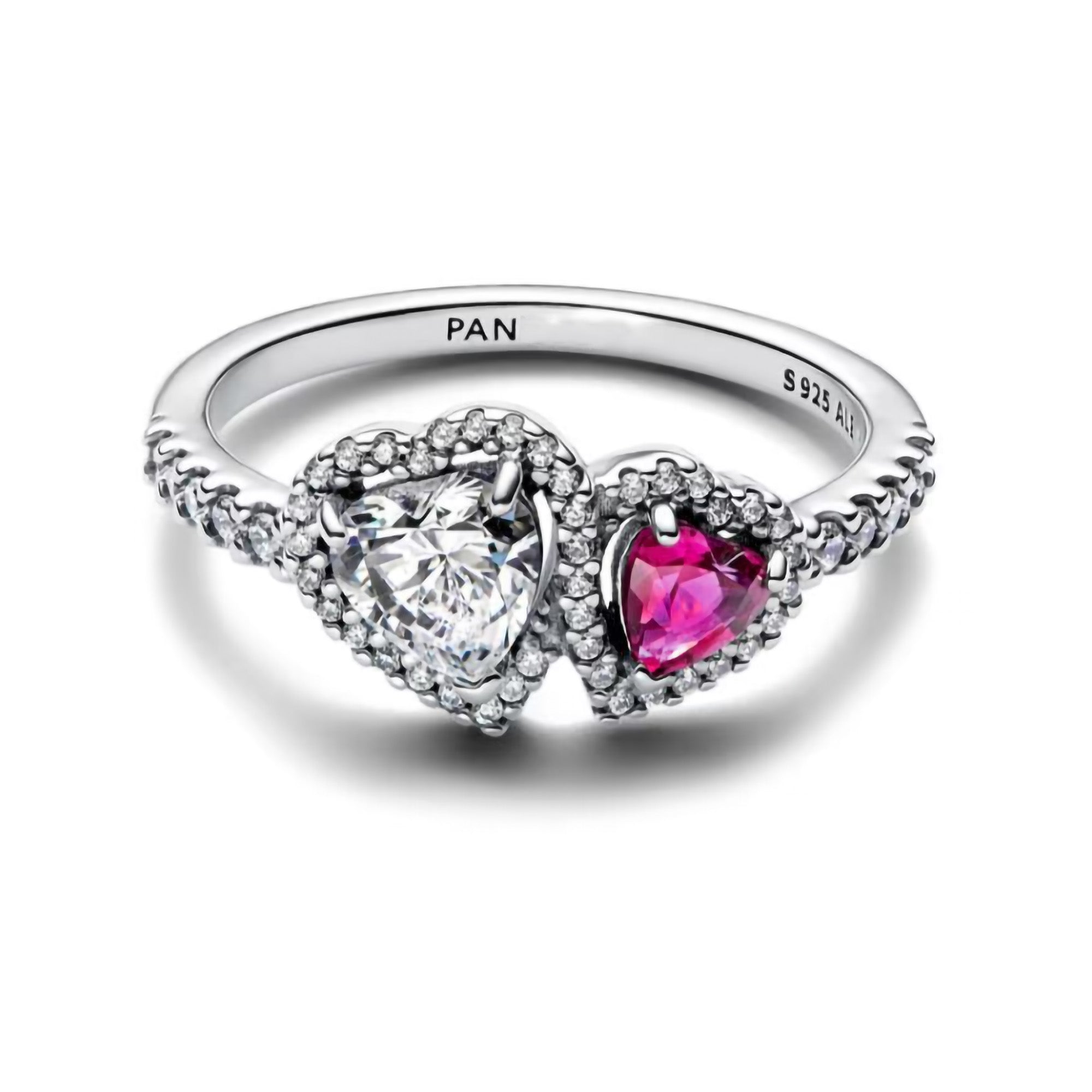 Anillo Pan 1:1 Corazón Doble Blanco y Rosa con Micro Circonias, Plata .925