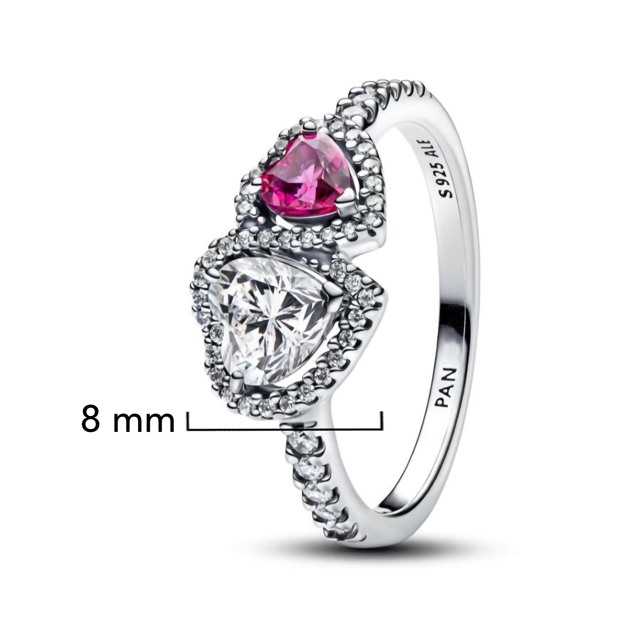 Anillo Pan 1:1 Corazón Doble Blanco y Rosa con Micro Circonias, Plata .925