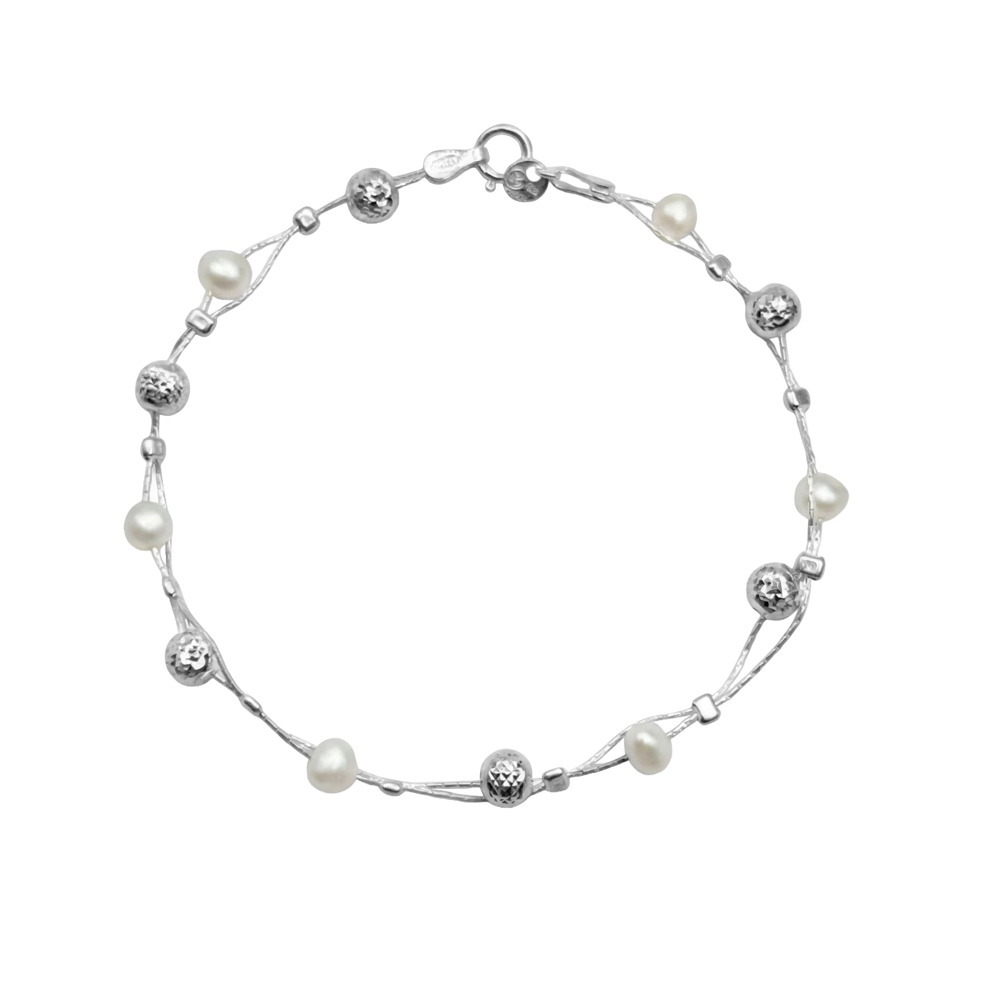 Pulsera Perla Natural con Bolitas Diamantadas Plata .925