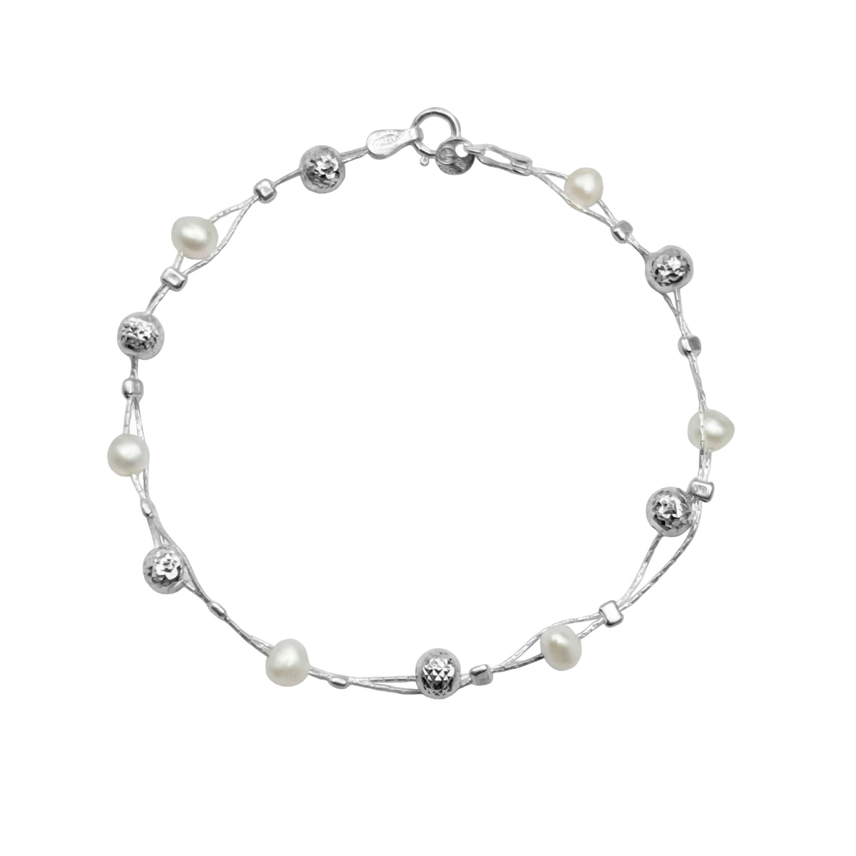 Pulsera Perla Natural con Bolitas Diamantadas Plata .925