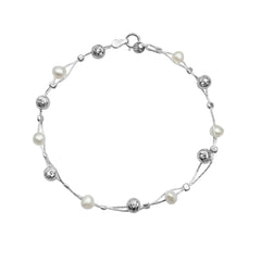 Pulsera Perla Natural con Bolitas Diamantadas Plata .925