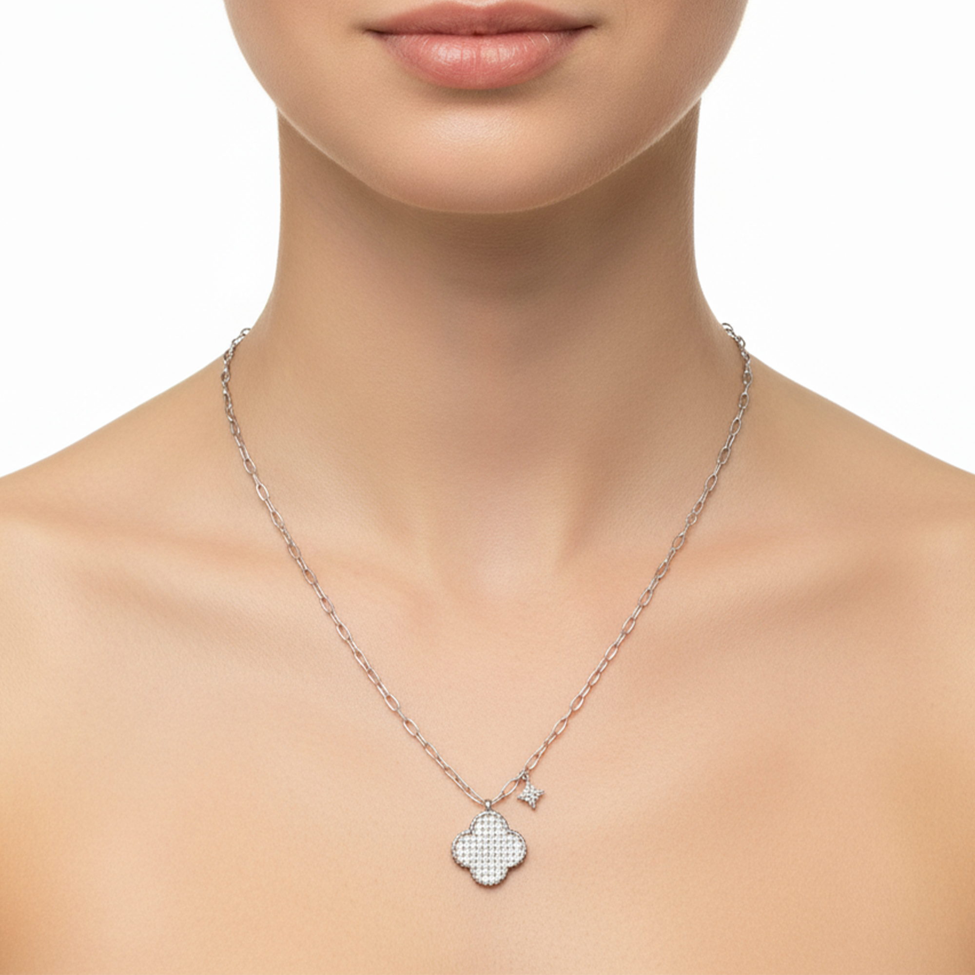 Collar Flor Inspirado Van C con Micro Circonias y Perla Natural Plata .925 con Rodio