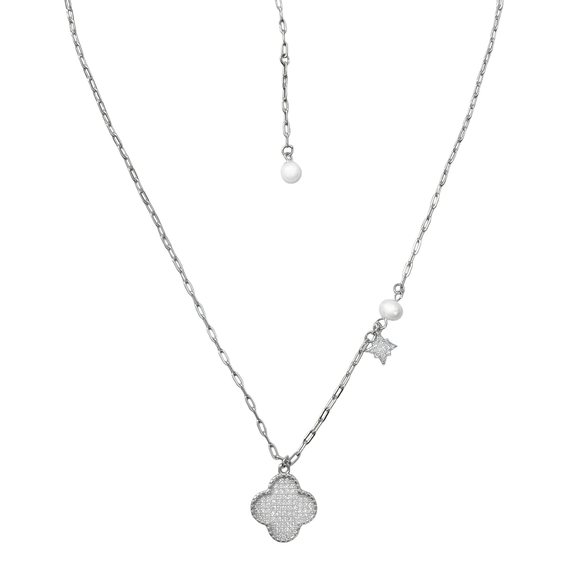 Collar Flor Inspirado Van C con Micro Circonias y Perla Natural Plata .925 con Rodio