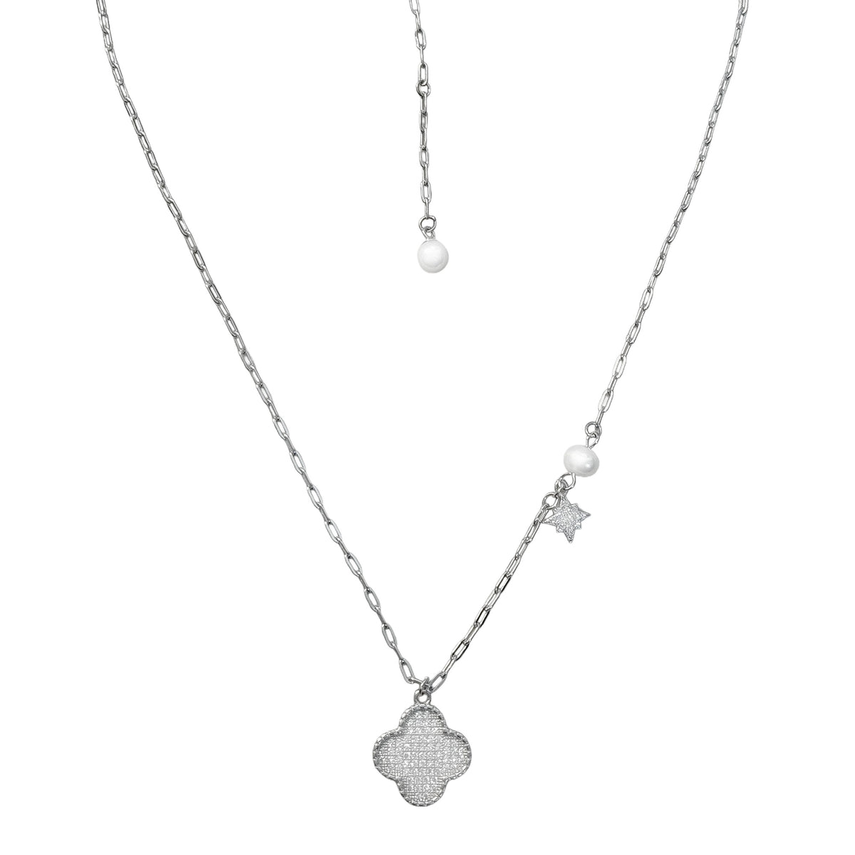 Collar Flor Inspirado Van C con Micro Circonias y Perla Natural Plata .925 con Rodio